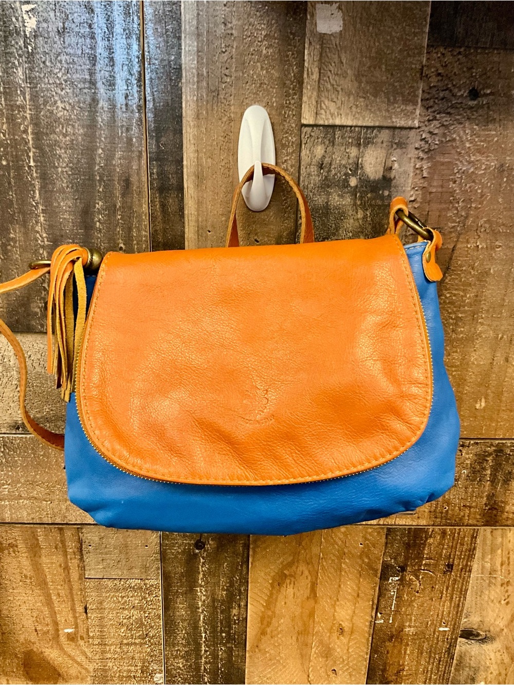 Two-Tone Leather Crossbody Bag - Orange & Blue